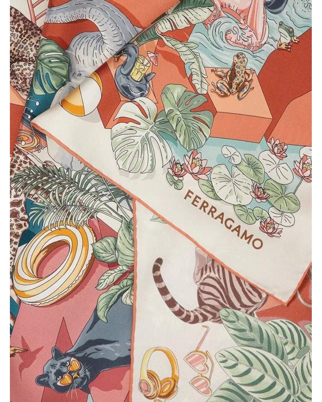 Ferragamo Gray Silk Jungle Party Print Scarf