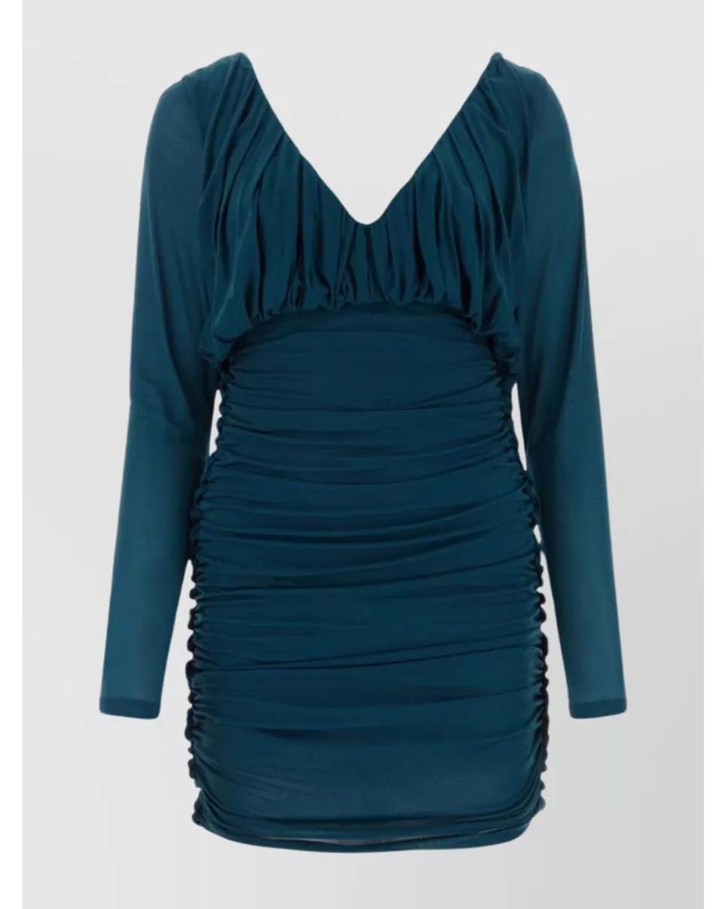 Saint Laurent Blue Draped V-Neck Long-Sleeve Mini Dress