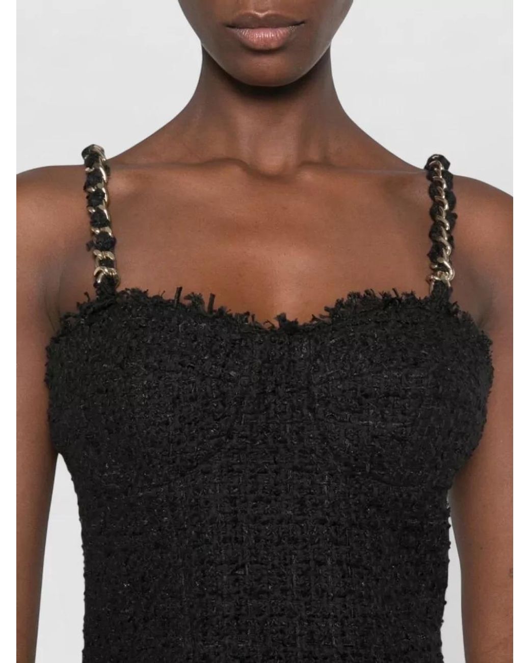 Balmain Black Sweetheart Neck Tweed Blouse