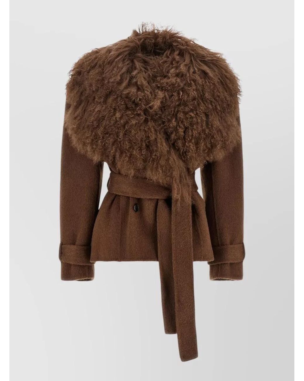 GIUSEPPE DI MORABITO Brown Shearling Collar Double-Breasted Belted Short Coat