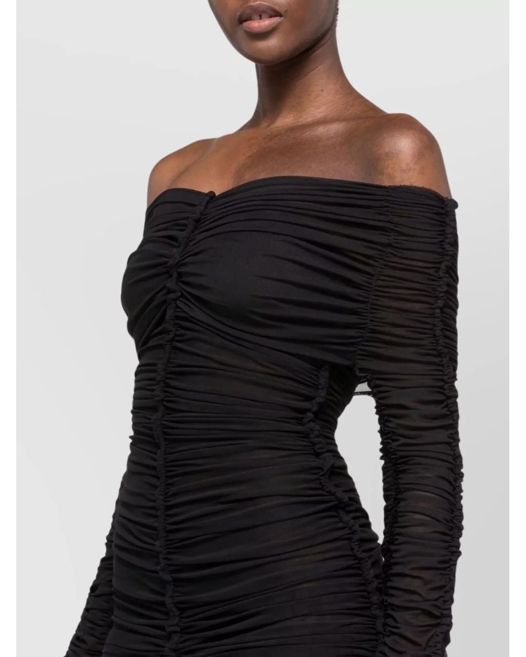 AZ FACTORY Black Ruched Off-Shoulder Long-Sleeve Mini Dress