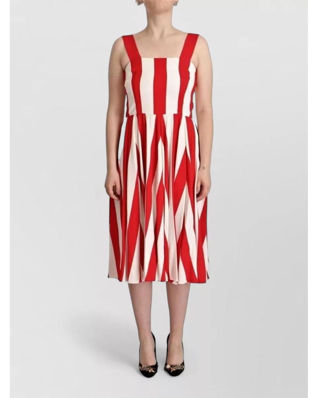 Dolce & Gabbana Red Striped Sleeveless Square Neck Midi Dress