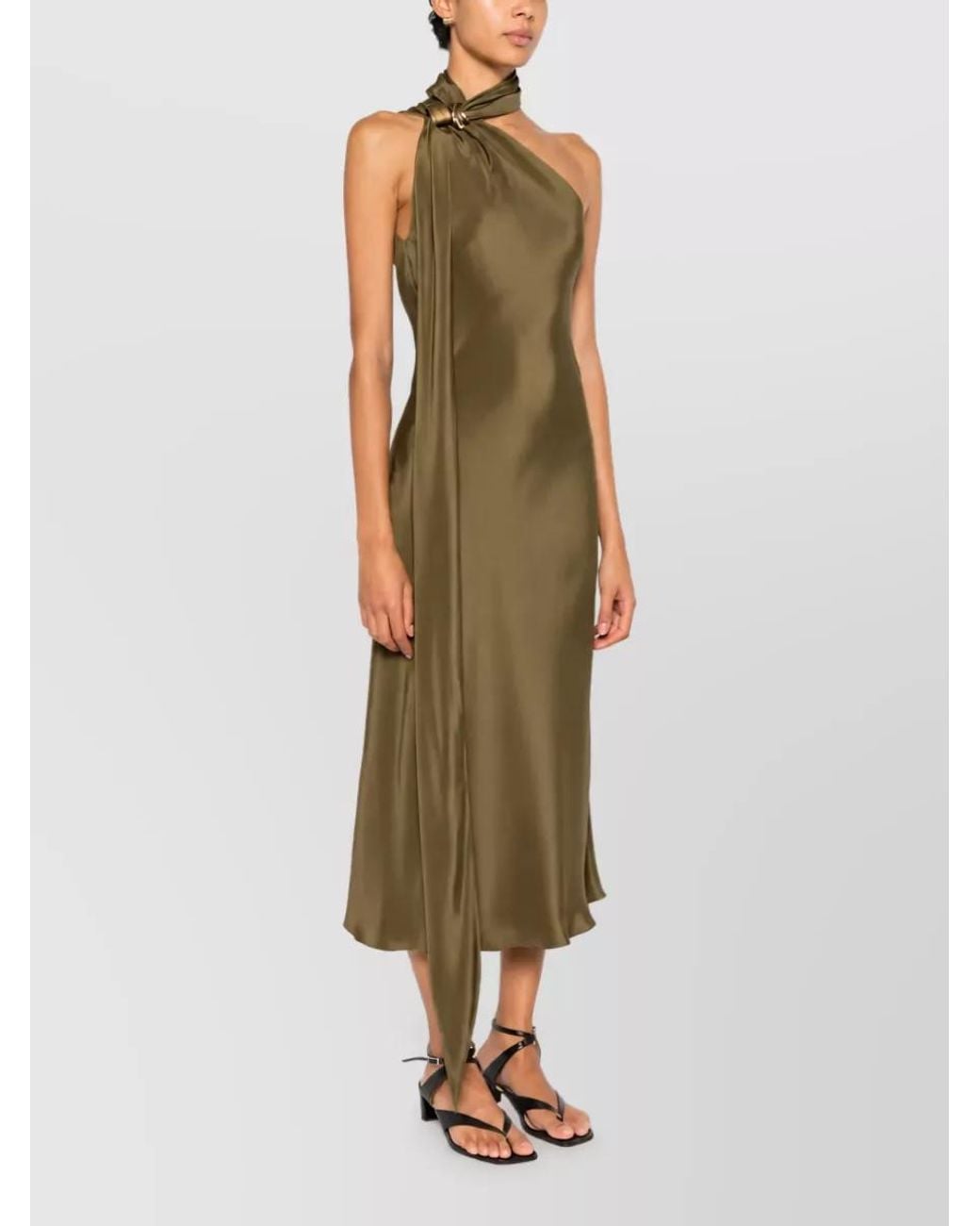 Max Mara Green Silk Satin One-Shoulder Halterneck Draped Asymmetric Midi Dress