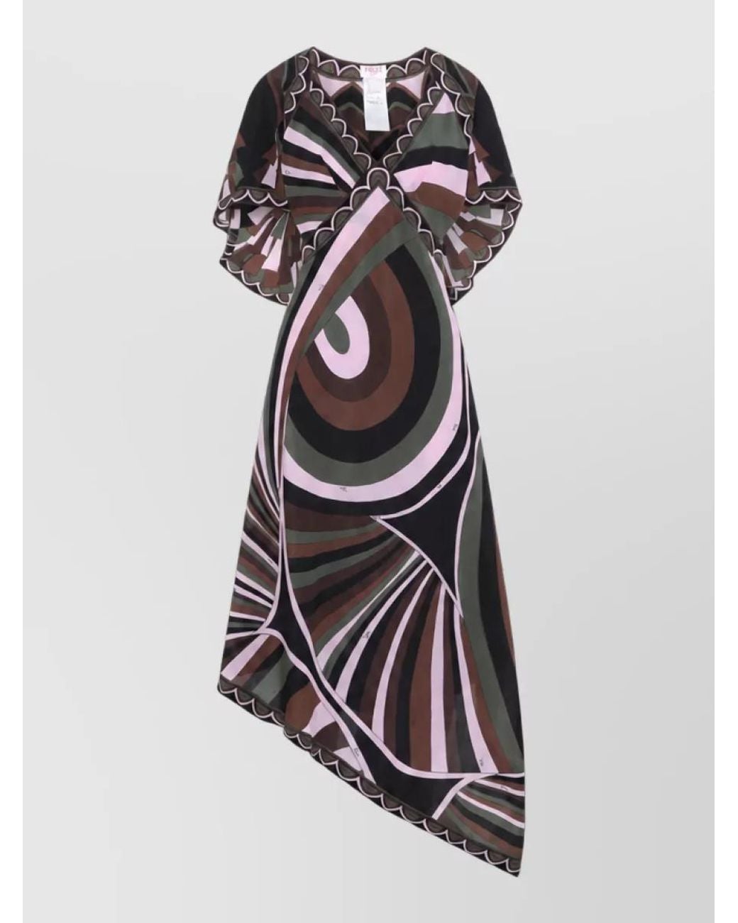 Emilio Pucci White Silk Printed V-Neck Flutter-Sleeve Asymmetric Midi Dress