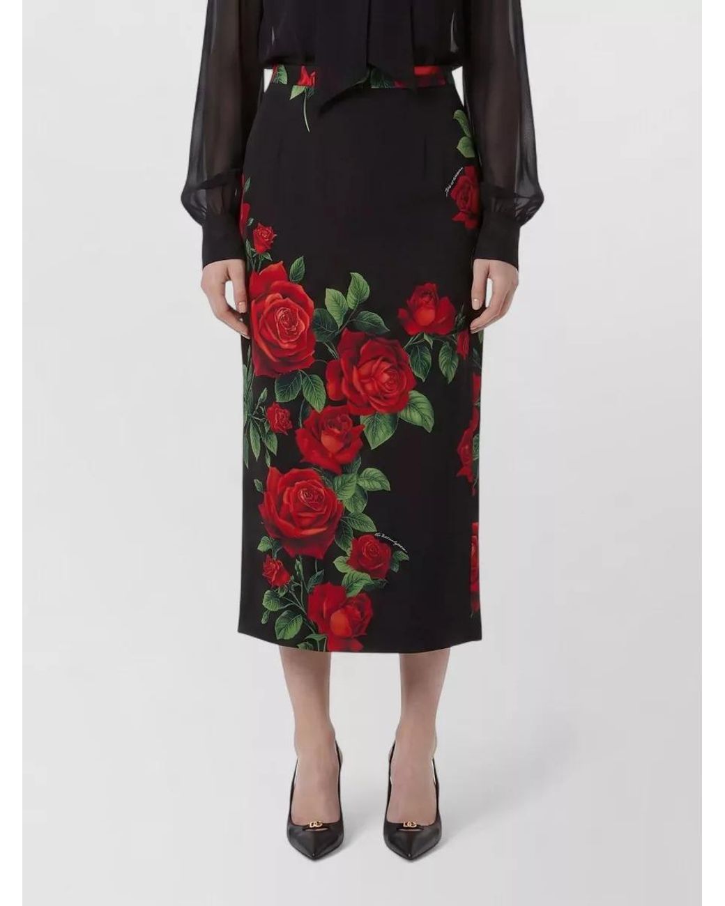 Dolce & Gabbana White Silk High-Rise Floral-Print Midi Skirt
