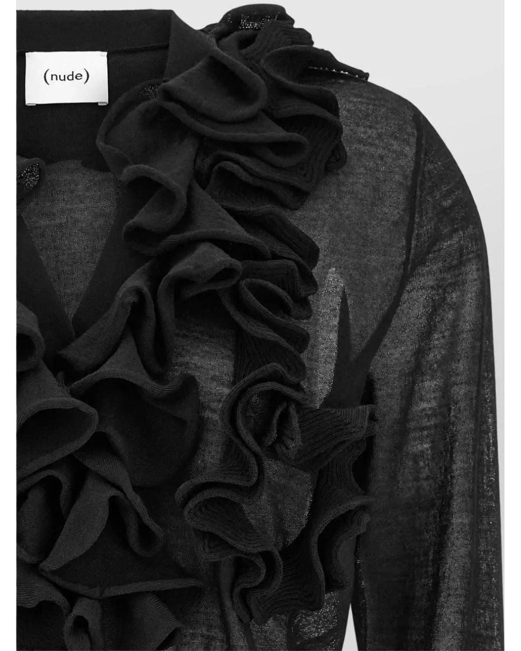 Nude Black Wool Fine-Knit Ruffle V-Neck Cardigan
