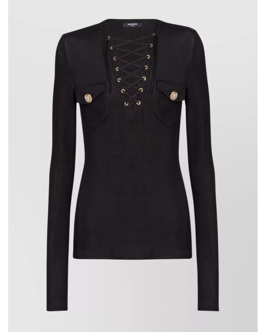Balmain Black V-Neck Lace-Up Long-Sleeve Blouse