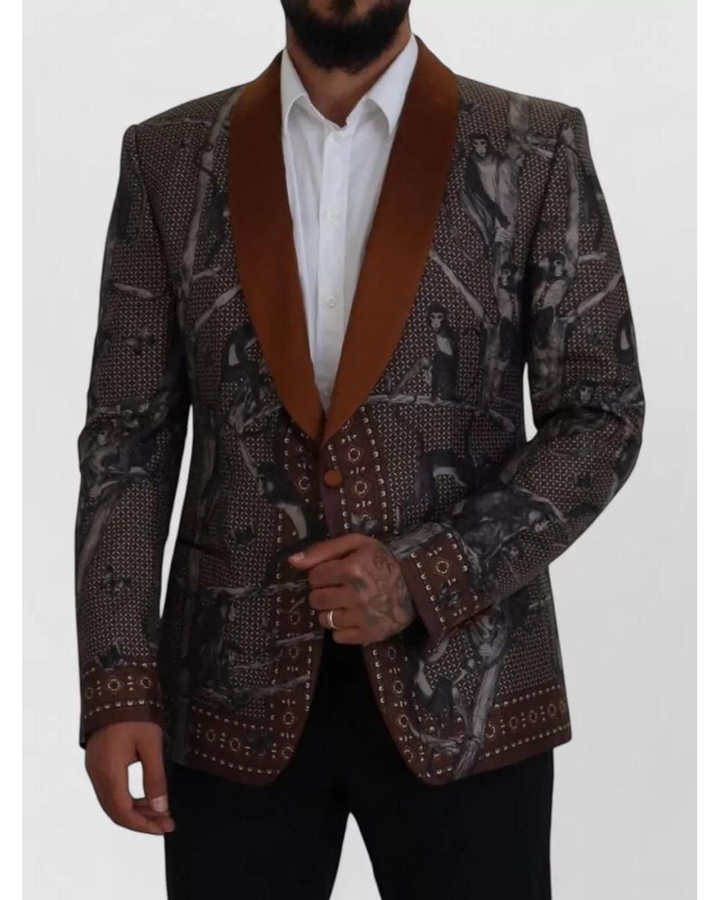 Dolce & Gabbana Black Silk Monkey Print Slim-Fit Blazer for men