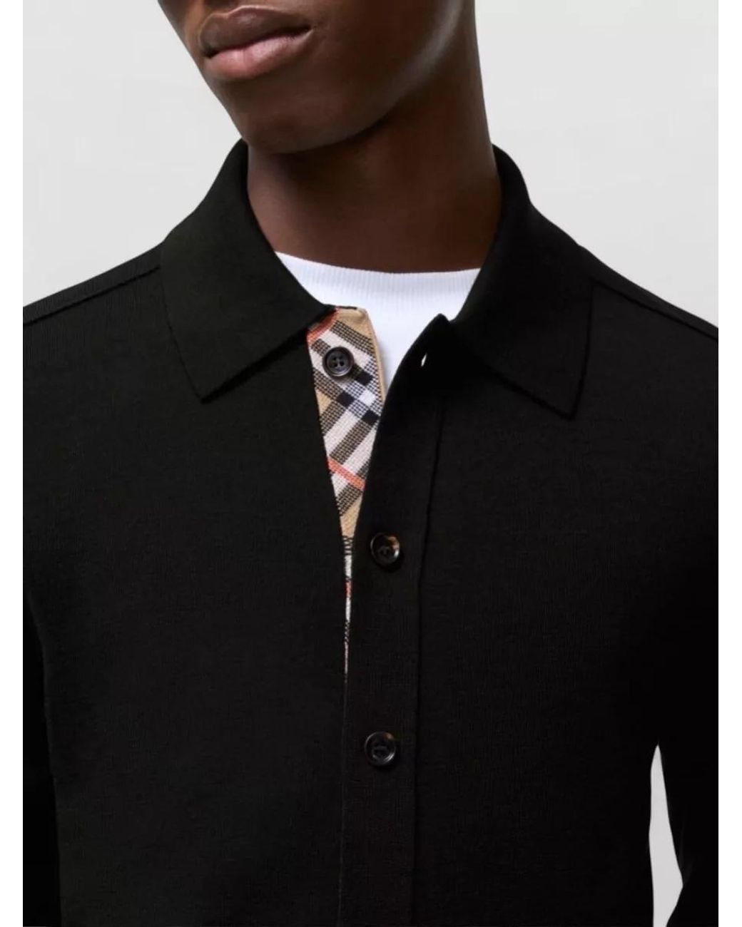 Burberry Black Wool Fine-Knit Long-Sleeve Polo Shirt for men