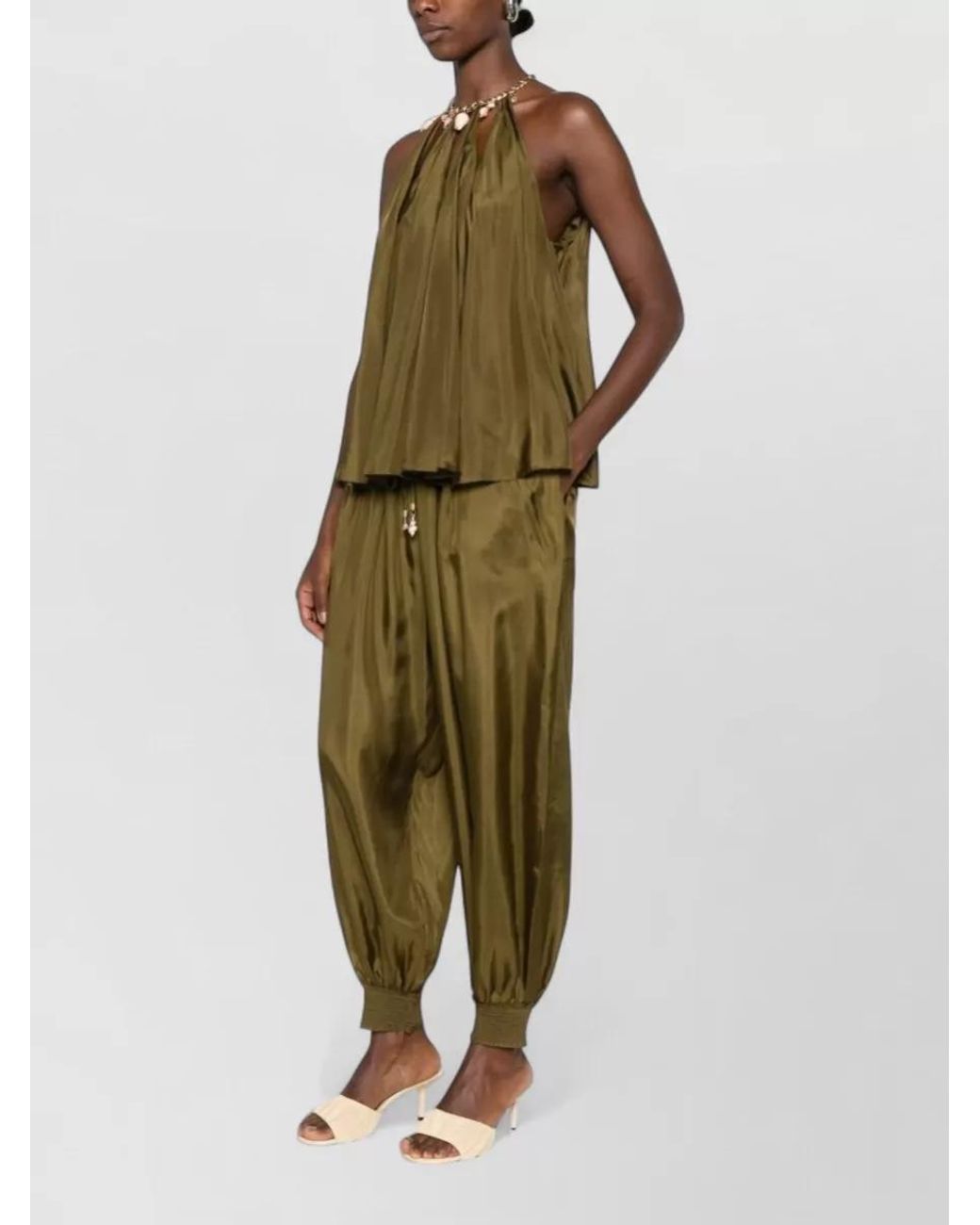 Zimmermann Green Silk Pleated Halterneck Sleeveless Blouse