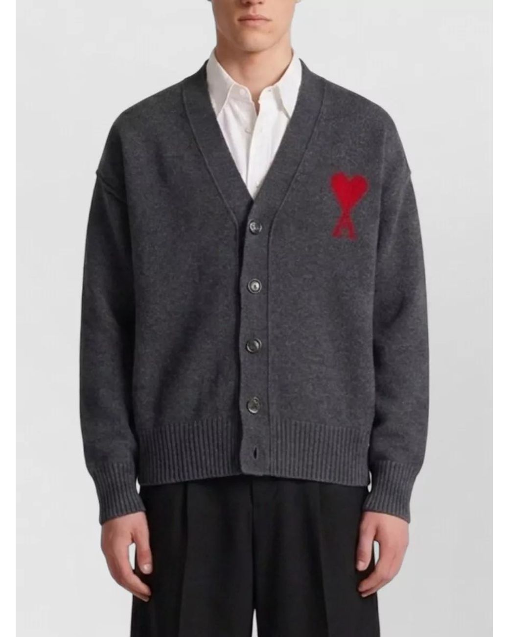 AMI Gray Wool V-Neck Ribbed Cardigan for men