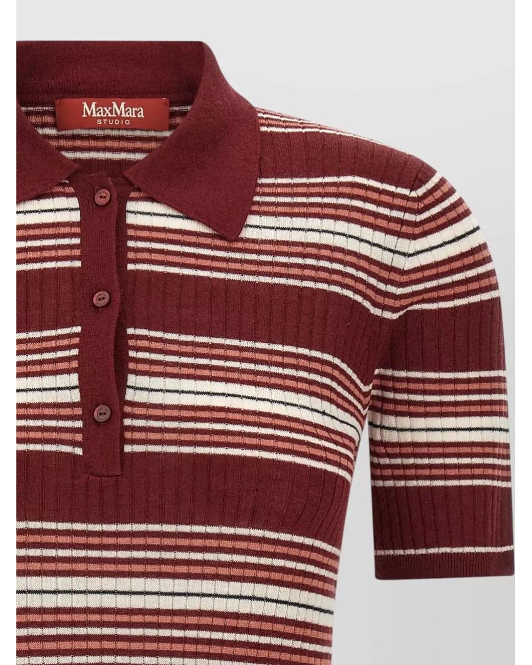 Max Mara Red Silk Ribbed Striped Polo Top