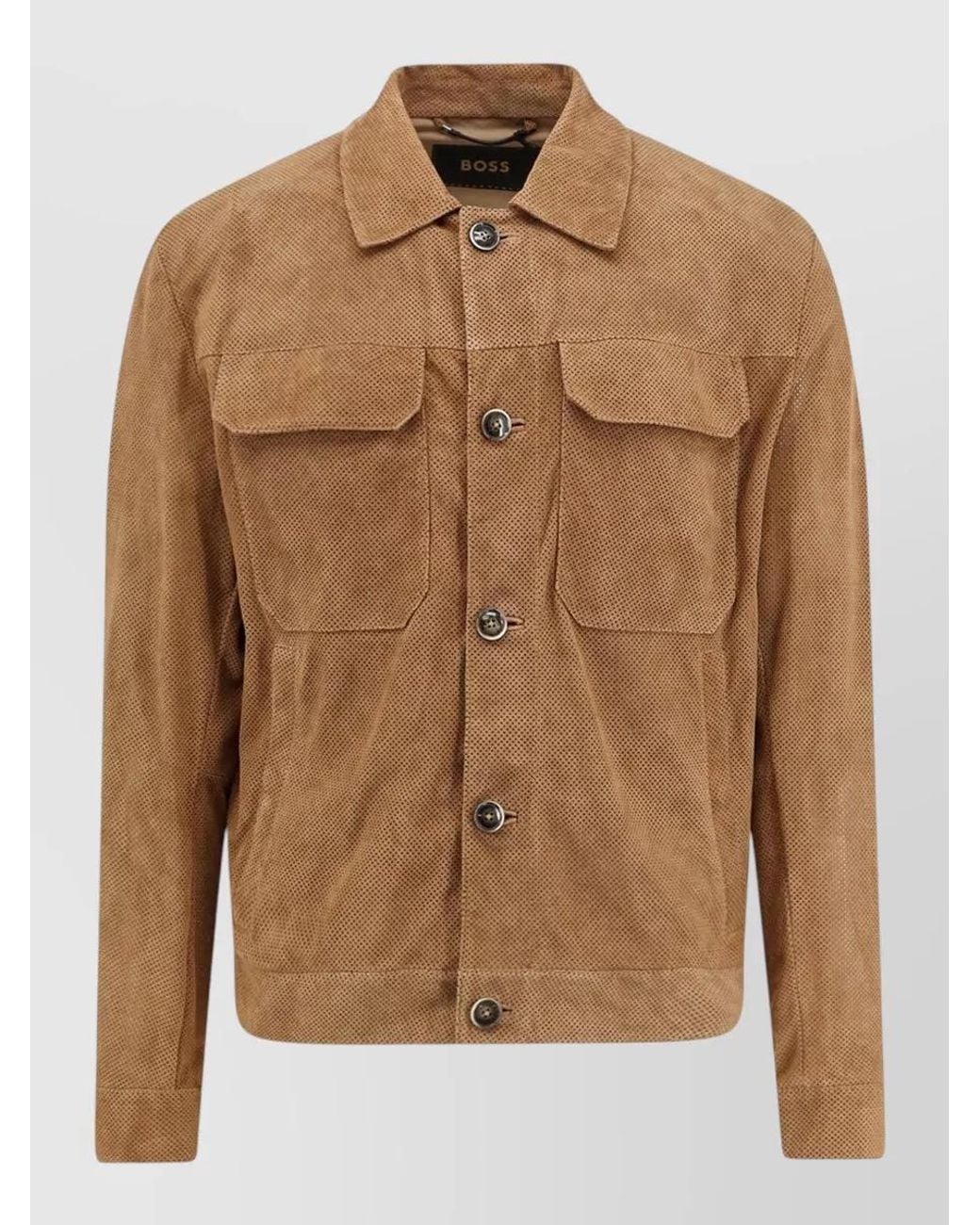 Boss Brown Suede Leather Perforated Single-Breasted Coat for men