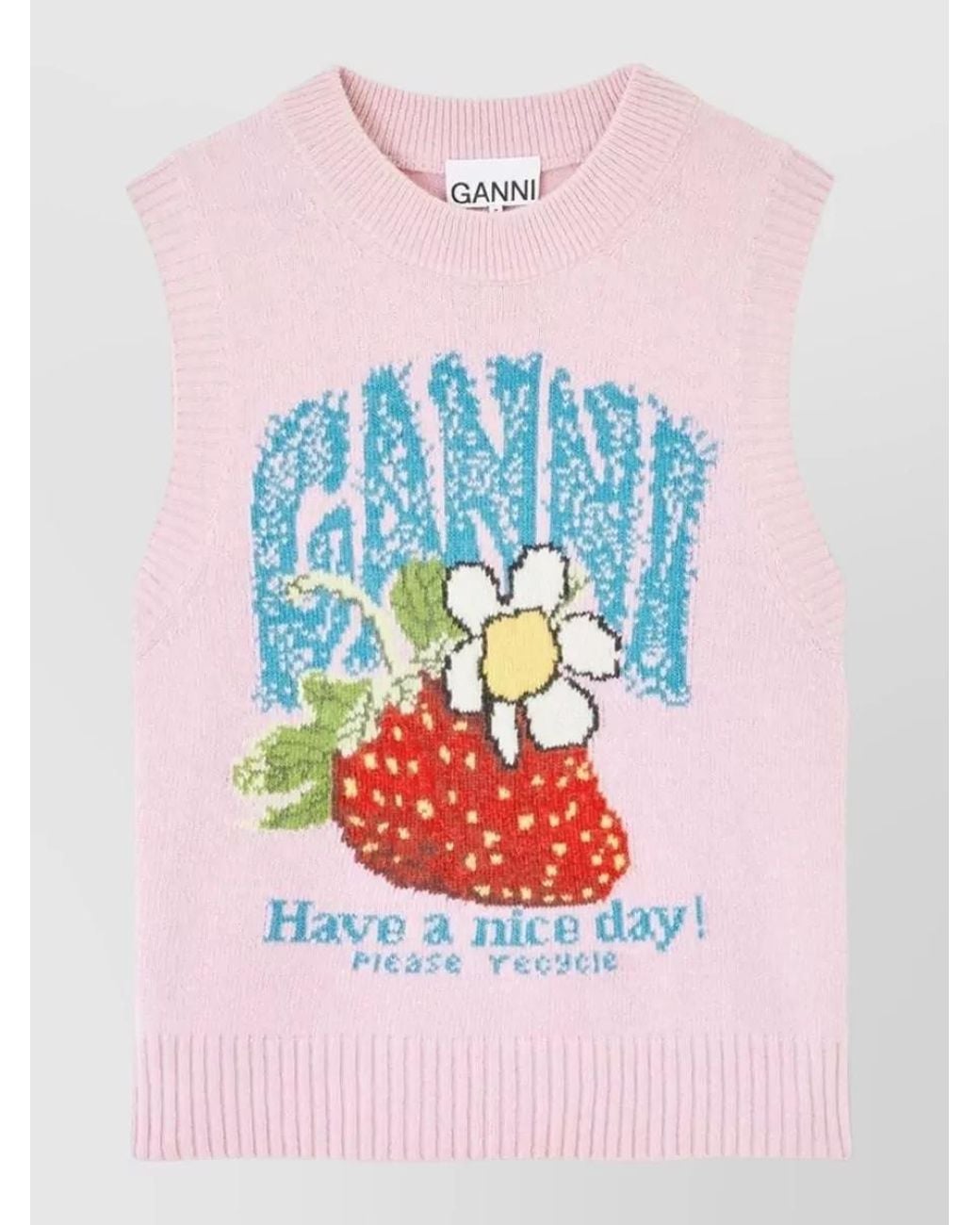 Ganni White Wool Blend Ribbed Strawberry Intarsia Knit Vest