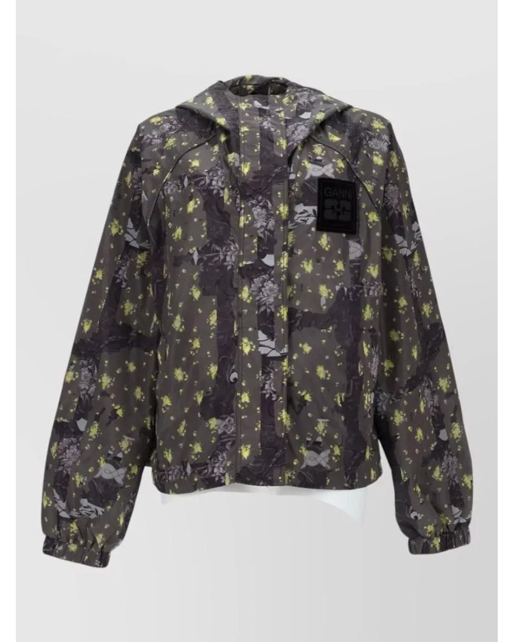 Ganni Gray Floral Print Hooded Jacket