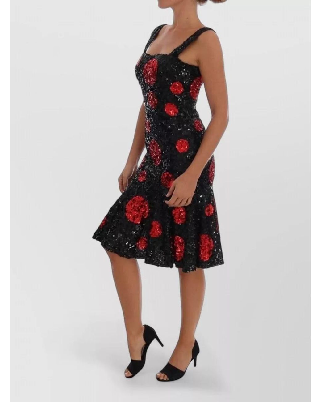 Dolce & Gabbana Red Sequin Polka-Dot Sleeveless Square-Neck Midi Dress