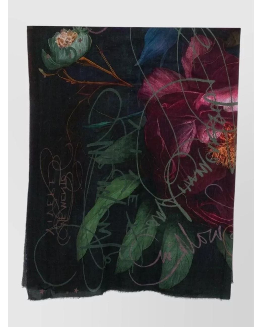 Faliero Sarti Black Cashmere Floral-Print Fine-Knit Scarf