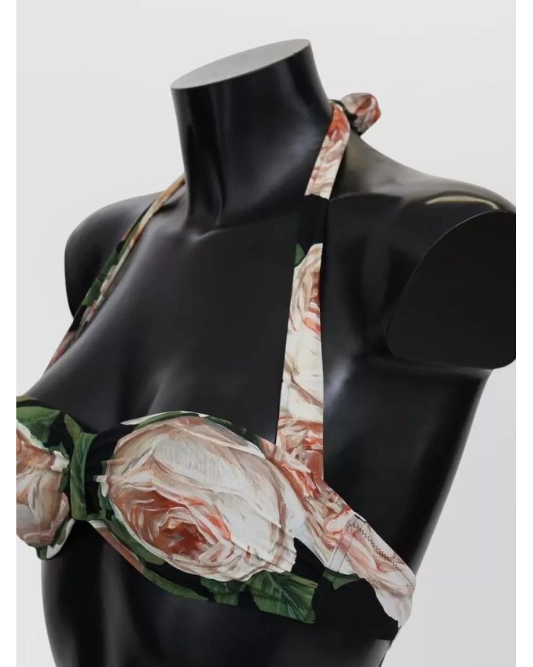 Dolce & Gabbana Black Silk Floral-Print Halterneck Bikini Top