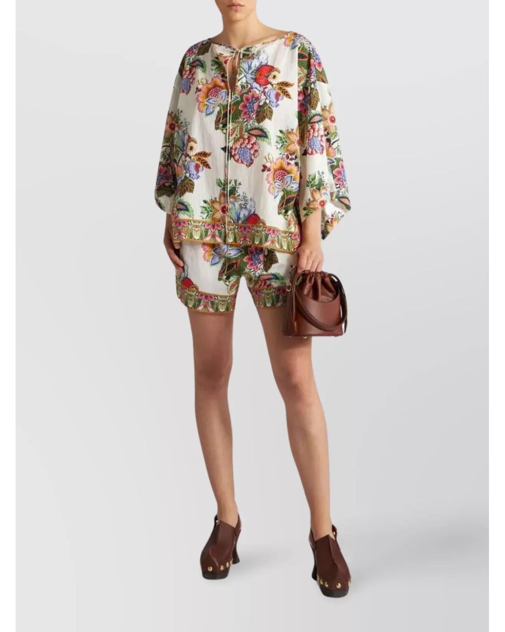 Etro Gray Silk Floral-Print Gathered Tie-Neck Top