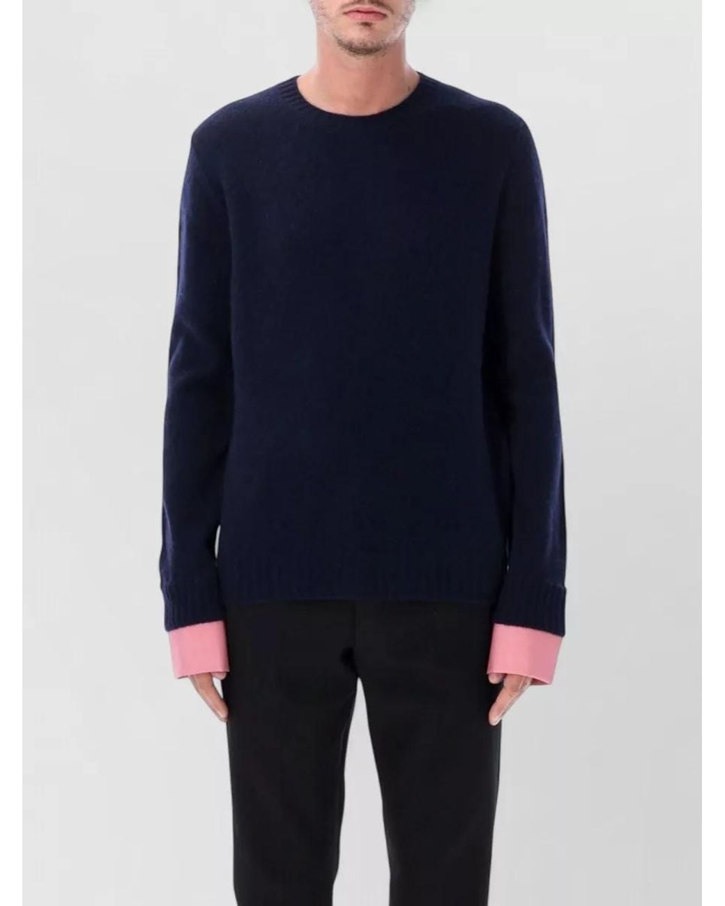 Prada Blue Wool Ribbed Crewneck Sweater for men