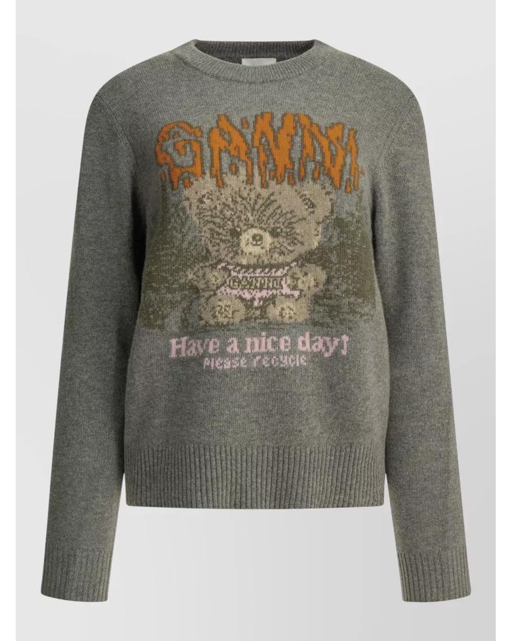 Ganni Gray Wool-Blend Intarsia Crew-Neck Sweater