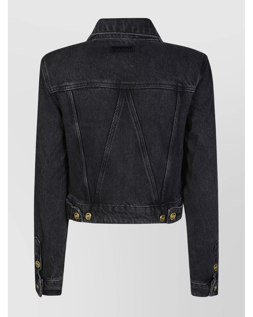Ganni Black Textured Denim Crop Jacket With Flap Pockets