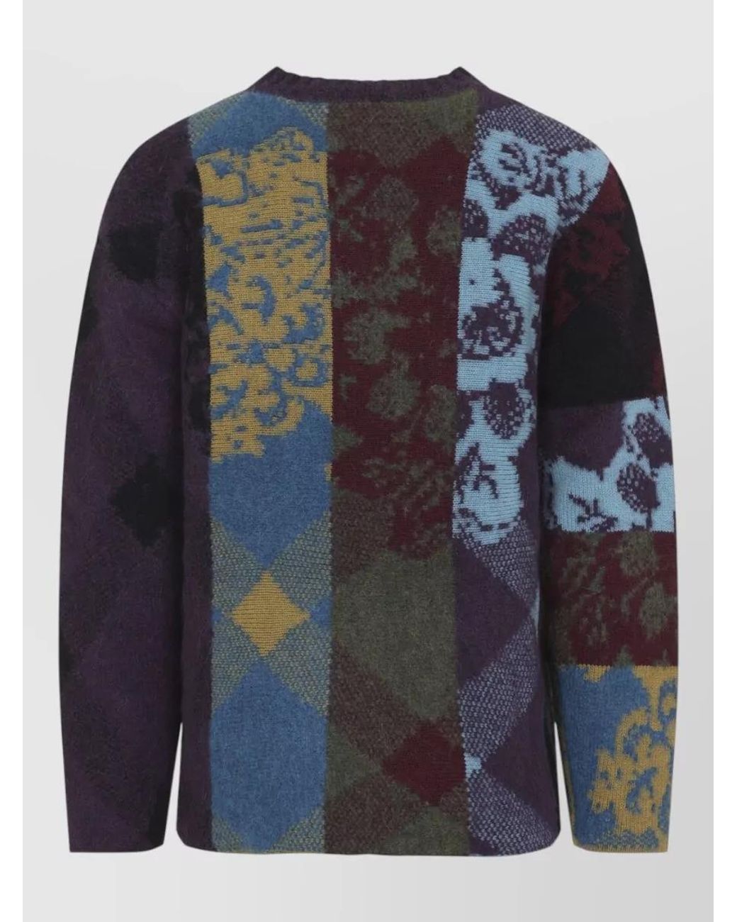 Dries Van Noten Blue Wool Alpaca Patchwork Jacquard Oversized Crewneck Sweater for men