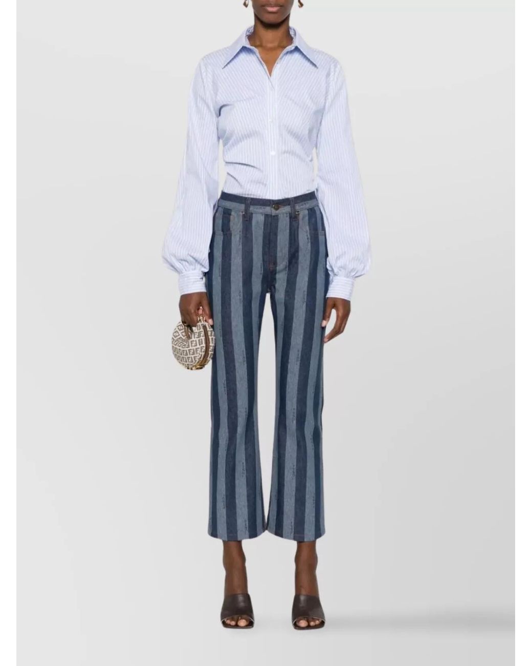 Fendi Blue Cotton Striped Cropped Jeans