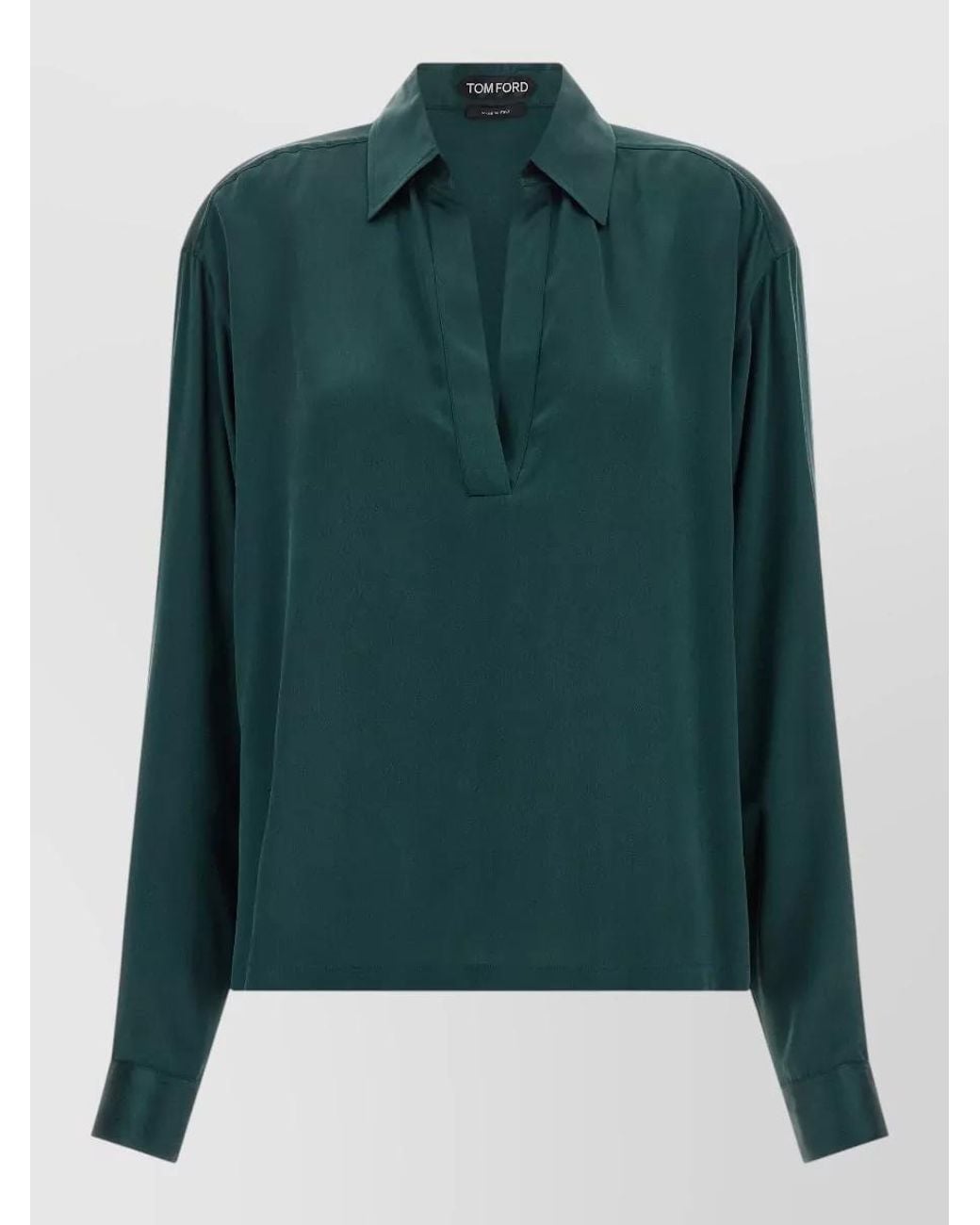 Tom Ford Green Silk Deep V-Neck Long-Sleeve Blouse