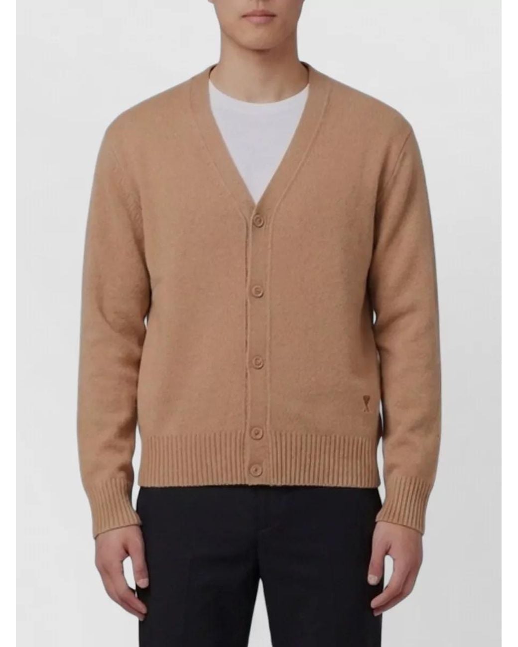 AMI Natural Cashmere V-Neck Ribbed Regular-Fit Cardigan for men