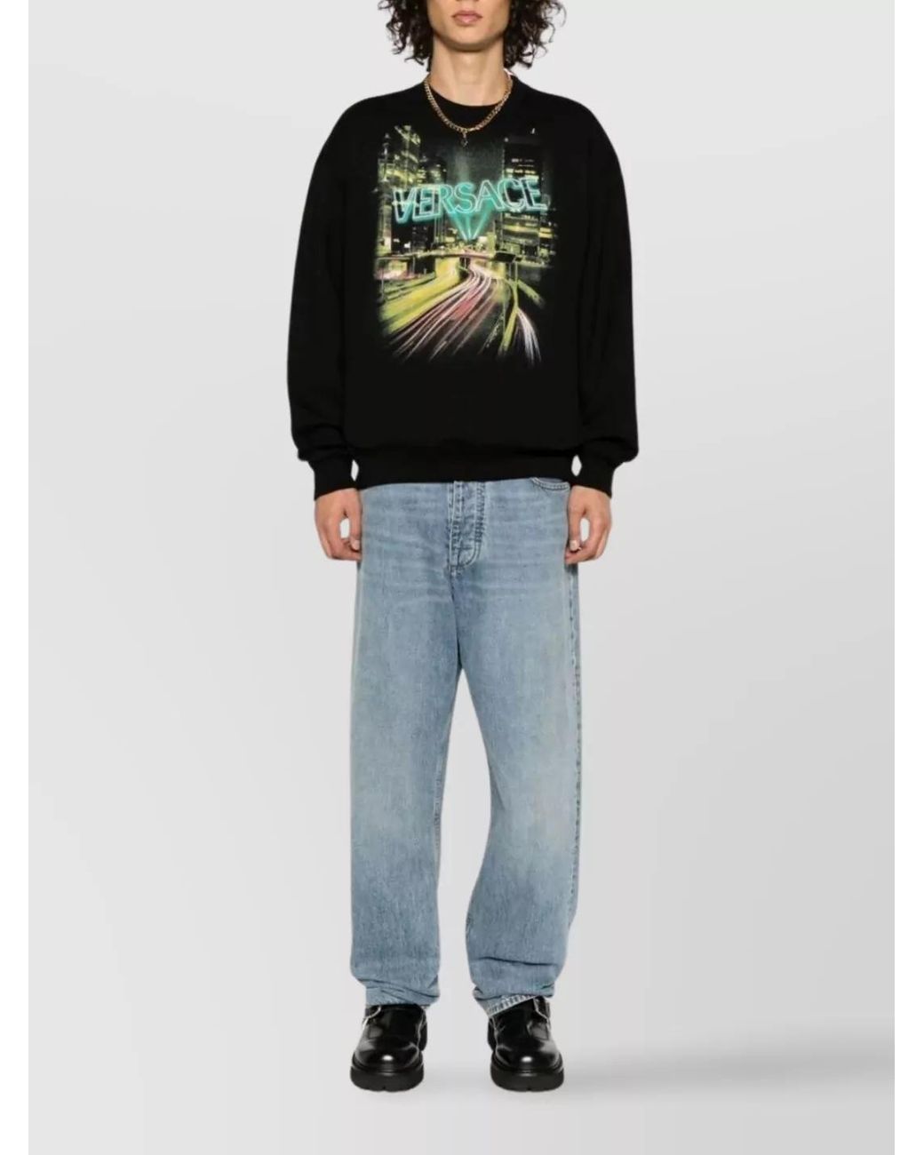 Versace Black Cotton Regular-Fit Graphic-Print Logo-Print Crewneck Sweatshirt for men