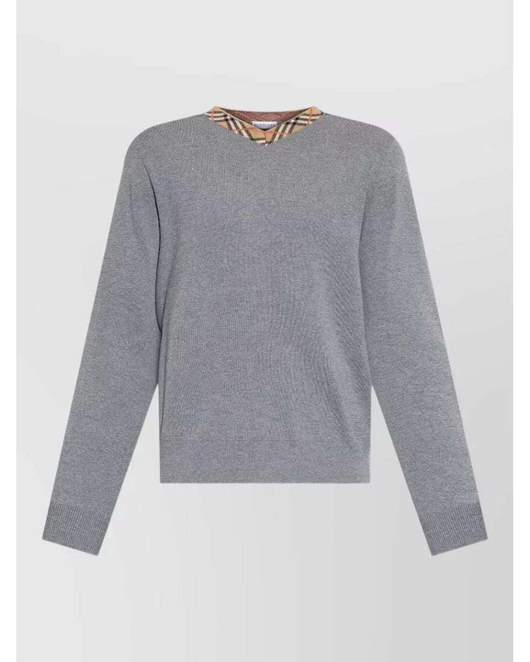 Burberry Gray Wool V-Neck Ribbed Sweater for men