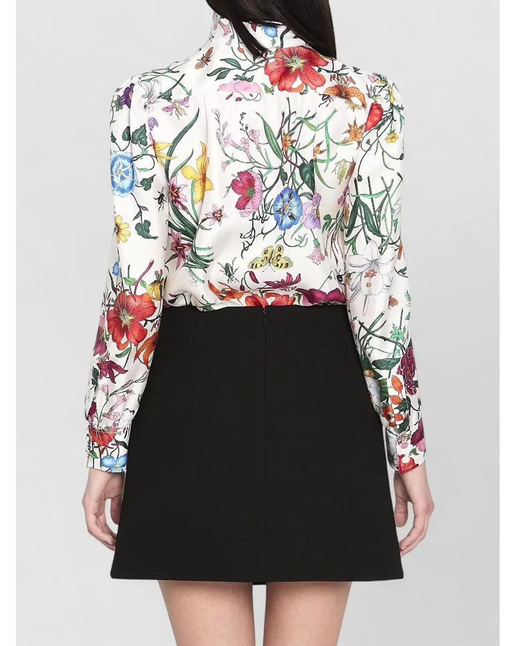 Gucci White Silk Floral-Print Long-Sleeve Blouse