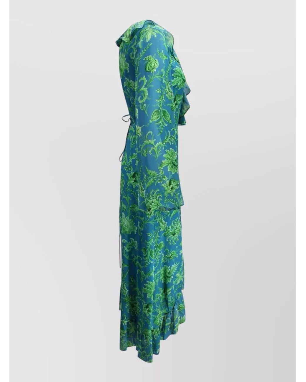 Etro Green Silk Floral-Print Ruffled V-Neck Long-Sleeve Wrap Maxi Dress
