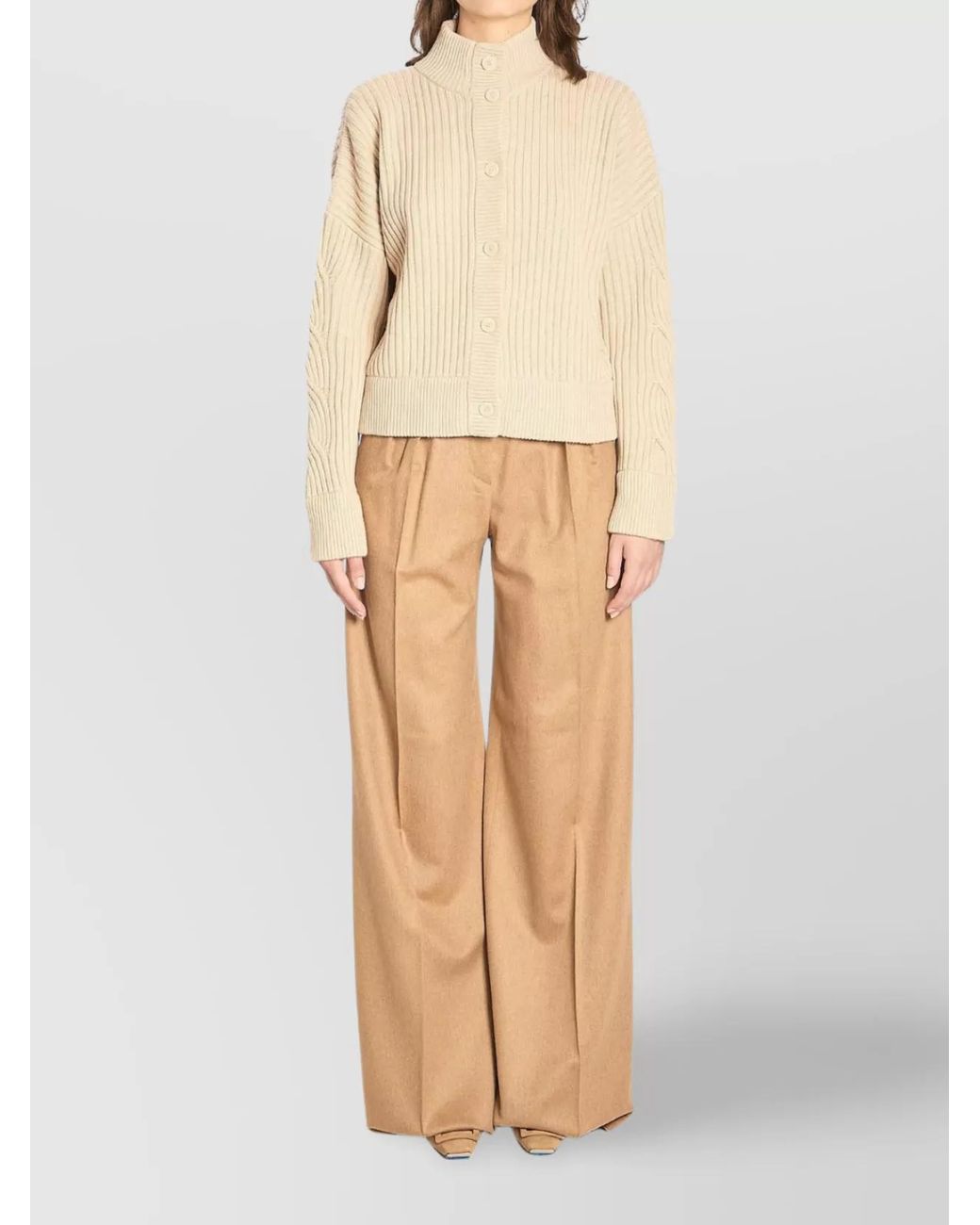 Max Mara Natural Cashmere Wool Ribbed High-Collar Cropped Cardigan