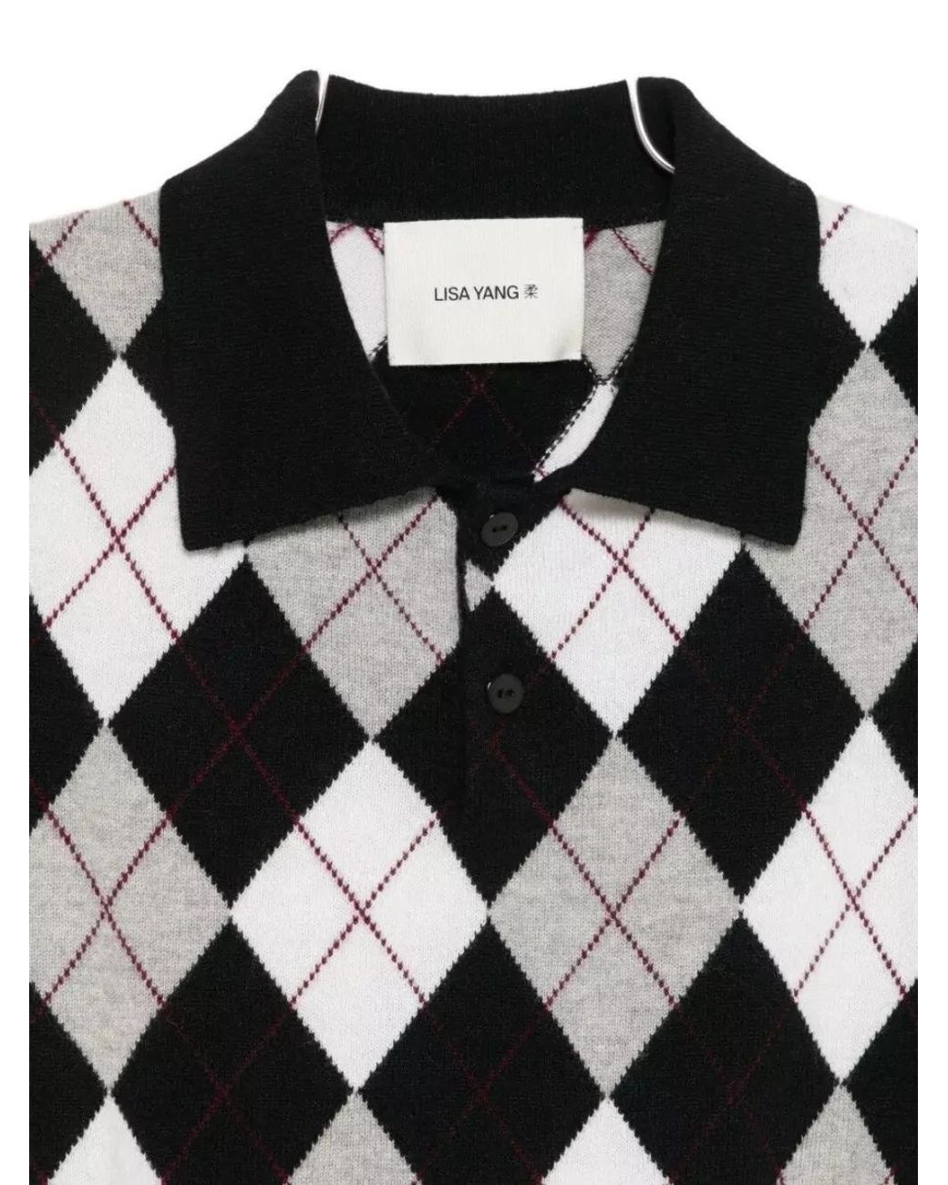 Lisa Yang Black Cashmere Sleeveless Diamond-Print Polo Top