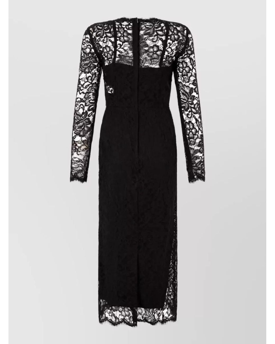 Dolce & Gabbana Black Lace Fitted Square Neck Long-Sleeve Midi Dress