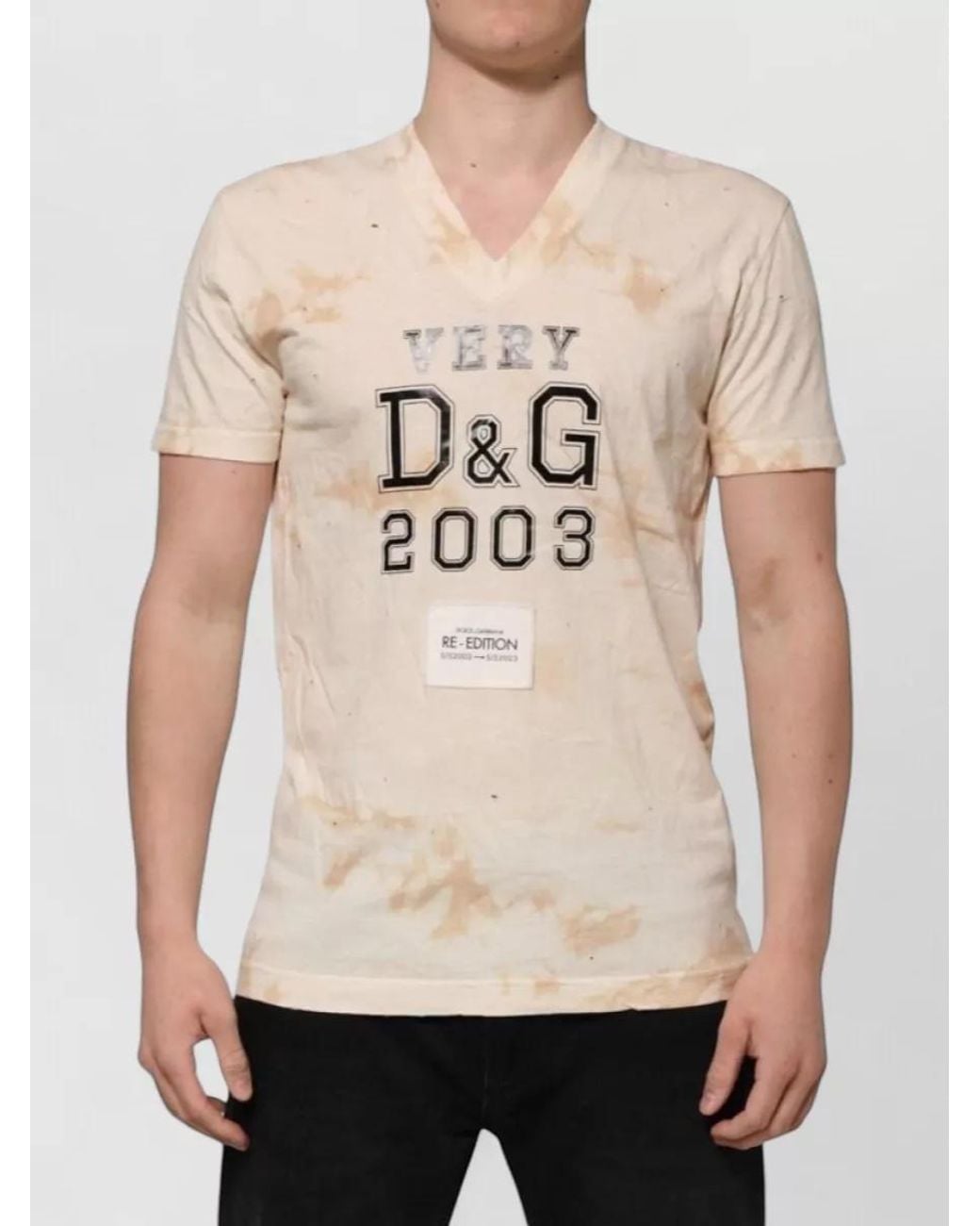 Dolce & Gabbana Natural Cotton Logo Print Short Sleeve V-Neck T-Shirt for men