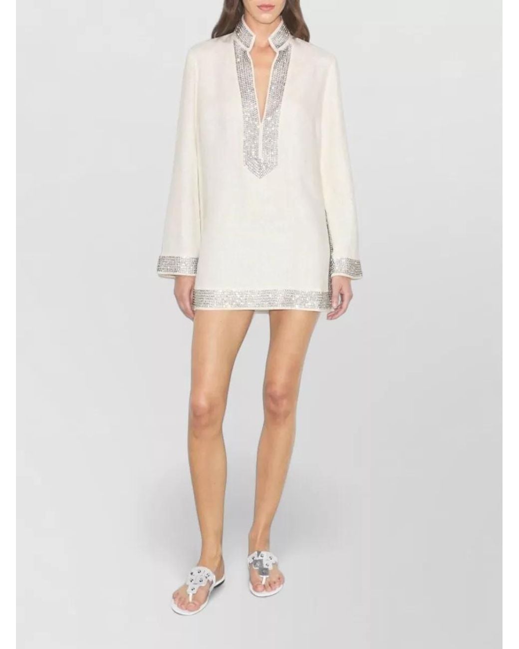 Tory Burch White Linen Crystal Embellished Tunic