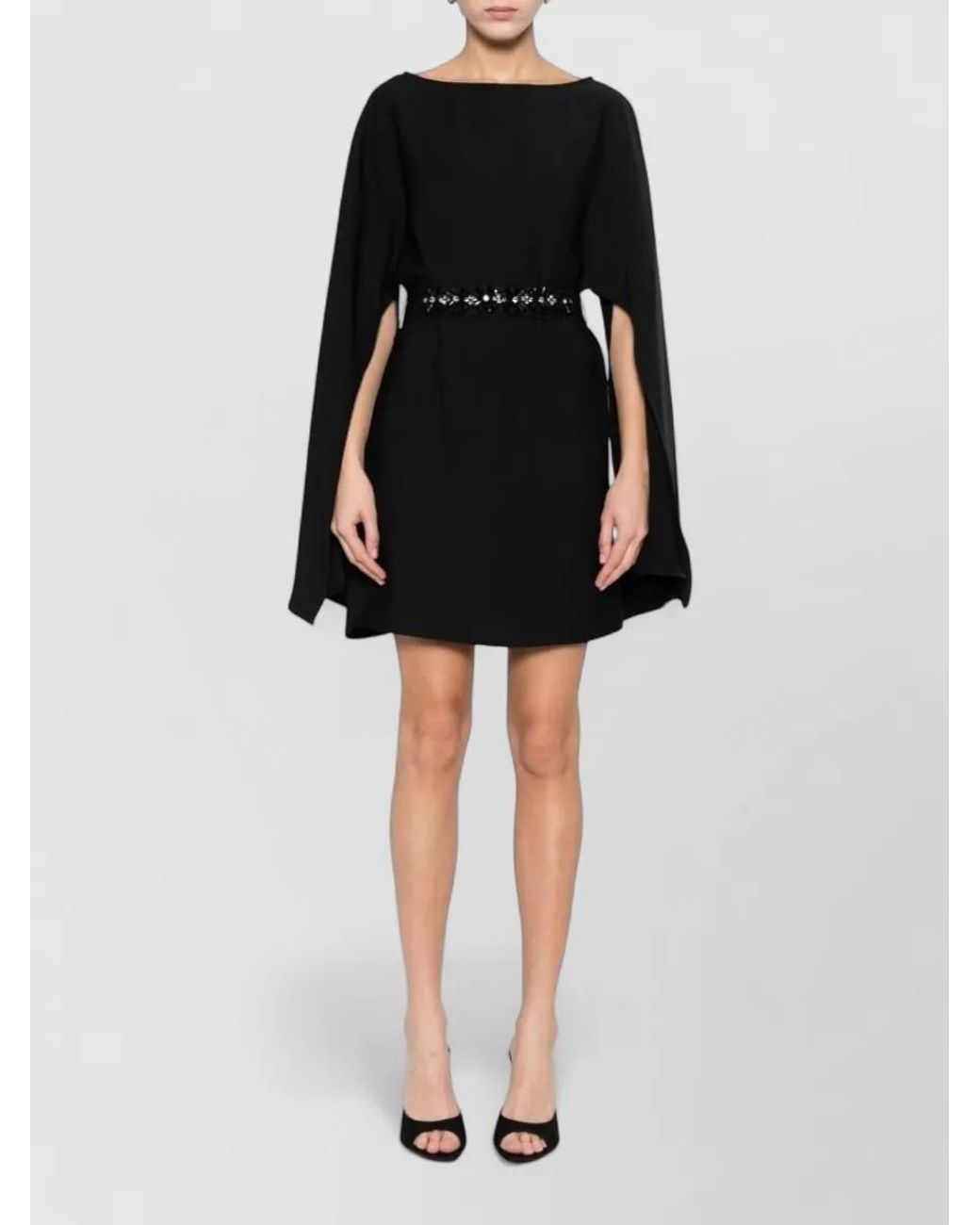 P.A.R.O.S.H. Black Embroidered Appliqué Boat Neck Wide Sleeve Mini Dress