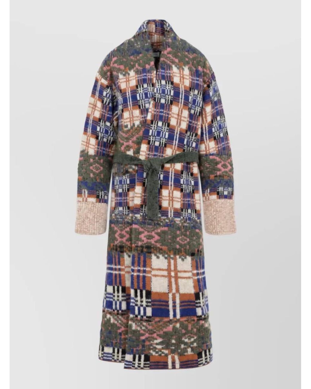 Dries Van Noten White Wool Alpaca Jacquard Checked Belted Long Knit Coat
