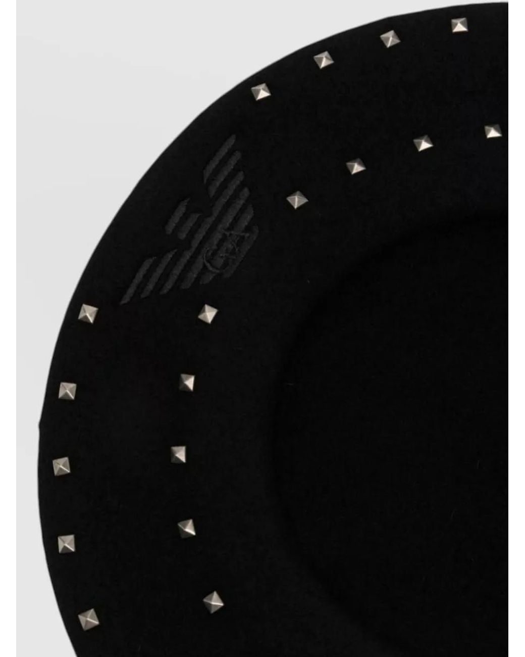Emporio Armani White Wool Stud-Embellished Logo Beret