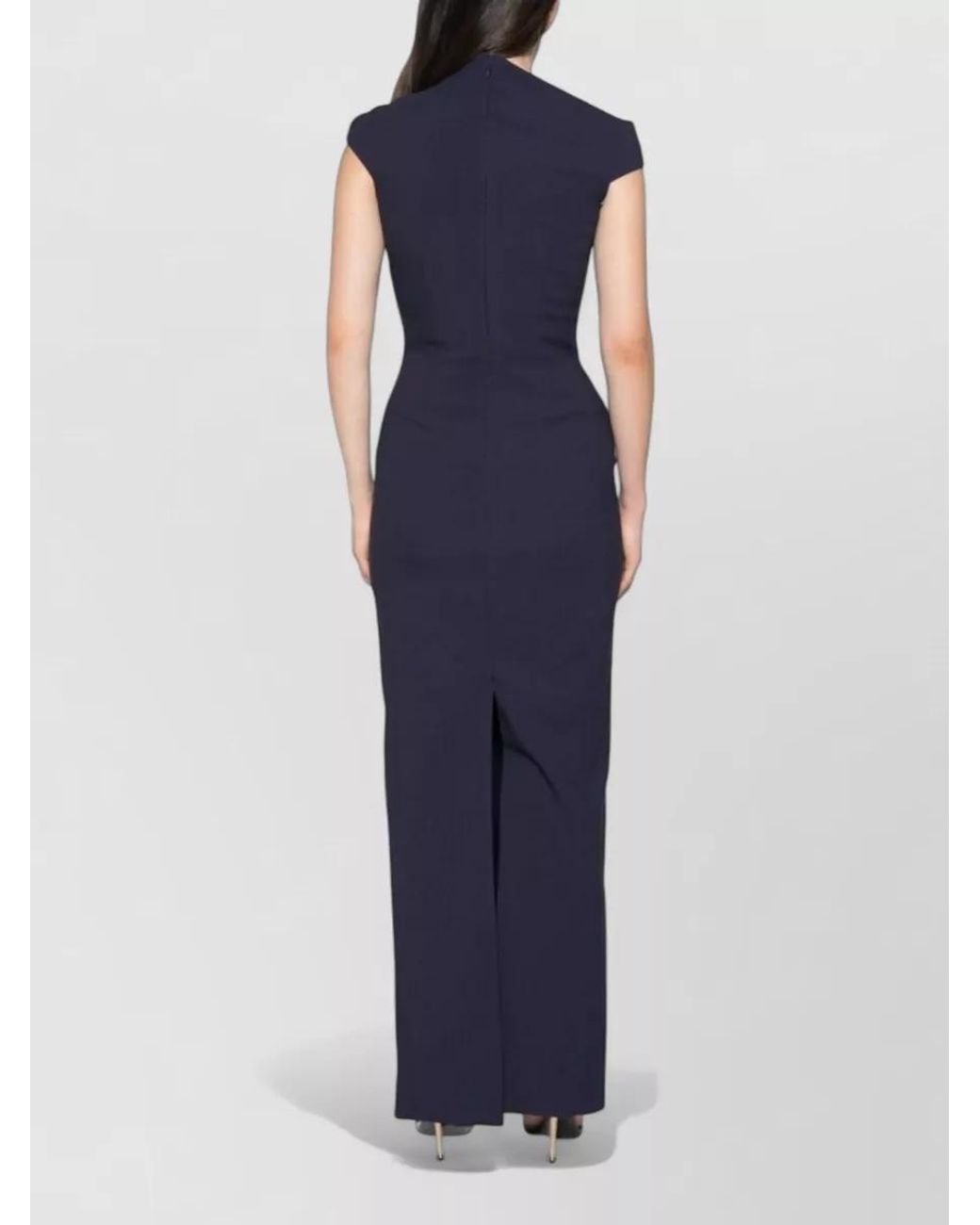 Solace London Blue Crepe Asymmetric Neck Cap Sleeve Slim-Fit Maxi Dress
