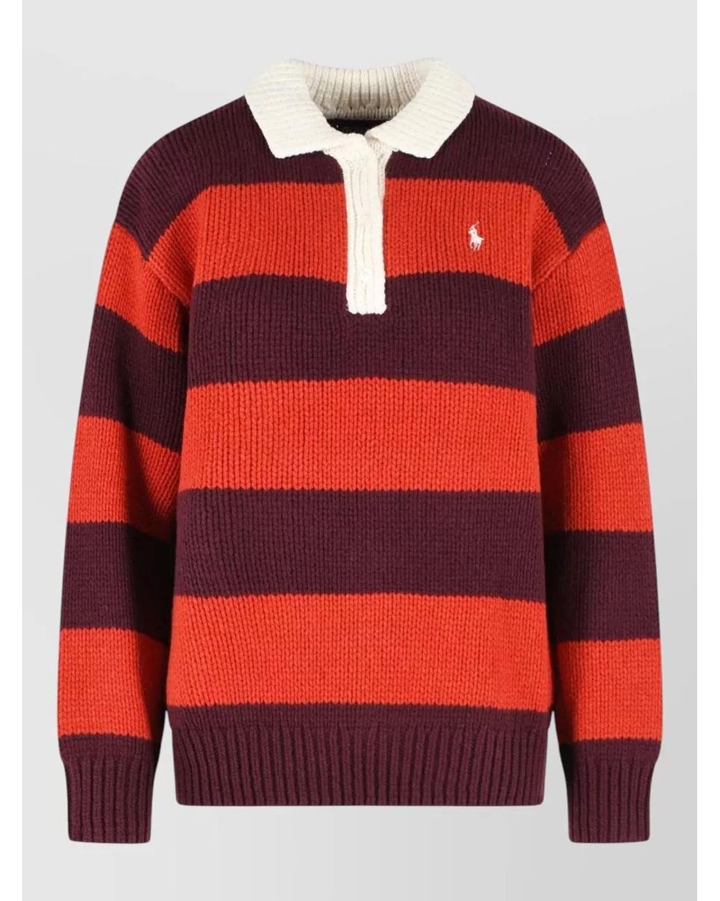 Polo Ralph Lauren Red Rugby Striped Chunky Knit Wool Sweater