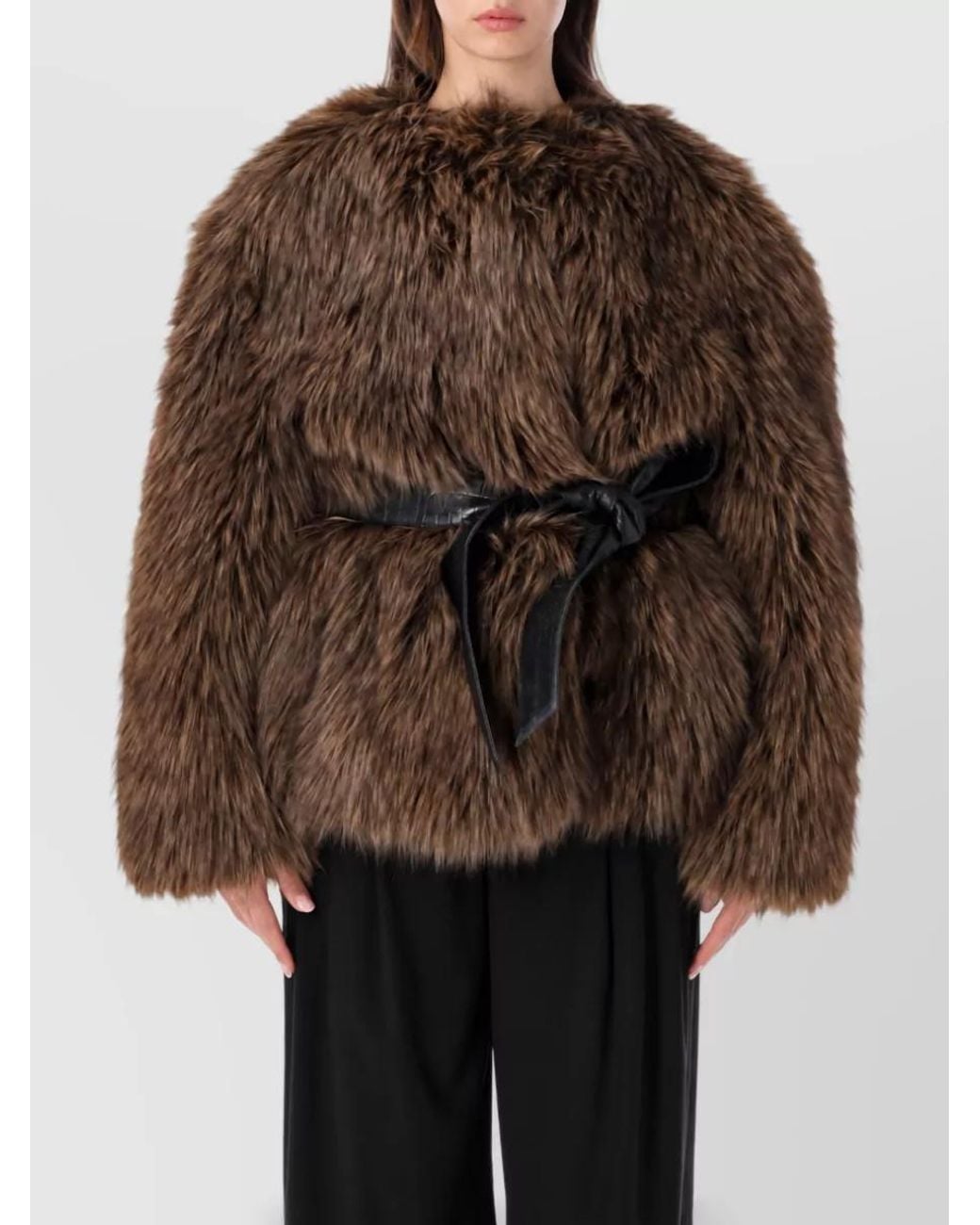 Magda Butrym Brown Faux Fur Belted Hip-Length Coat