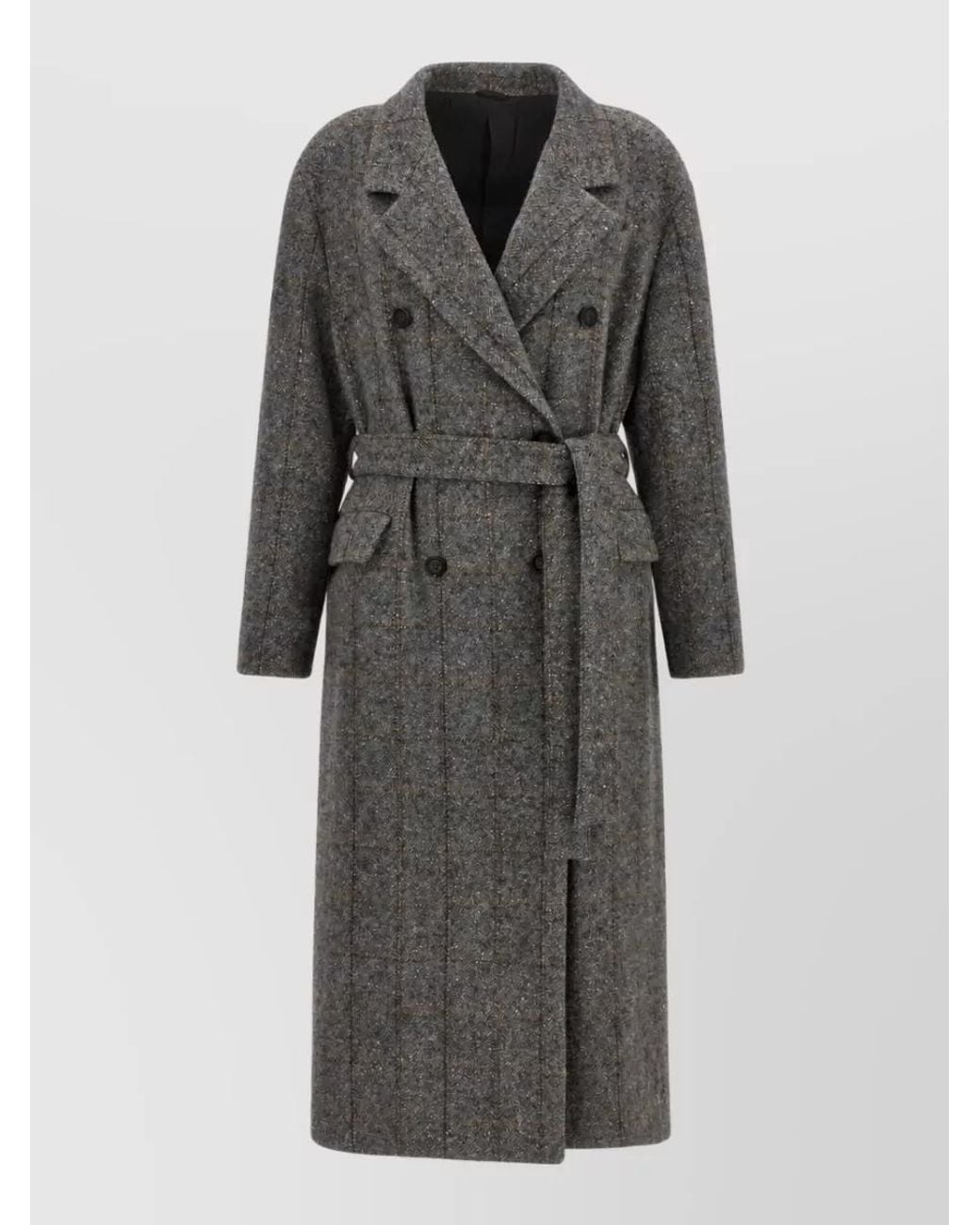 Brunello Cucinelli Gray Alpaca Blend Check Double Breasted Belted Coat