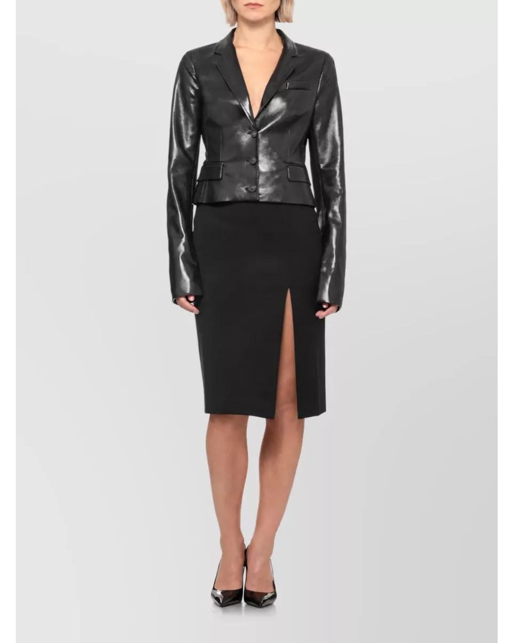 ANDAMANE Black Leather Single-Breasted Coat