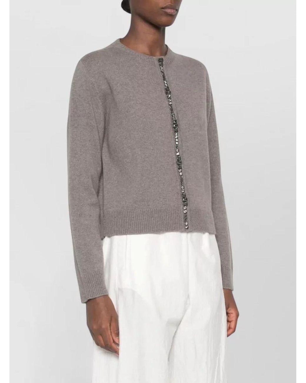 Fabiana Filippi Gray Cashmere Wool Silk Bead Embellished Ribbed Long Sleeve Cardigan