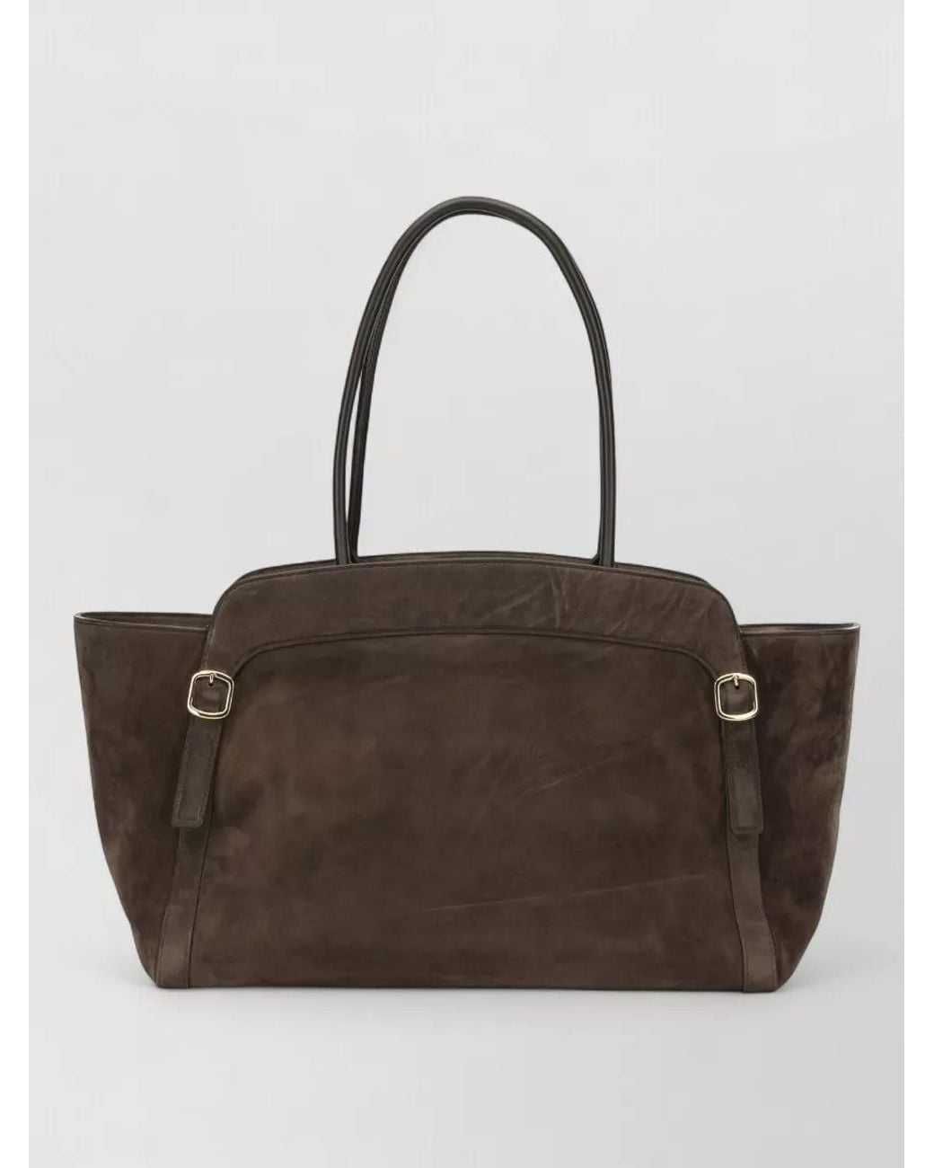 Santoni Brown Suede Leather Double Buckle Medium Tote Bag for men