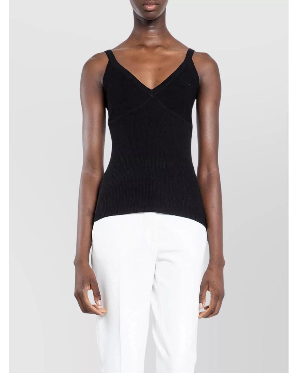 Max Mara Black Cashmere Silk Ribbed Fitted V-Neck Sleeveless Top